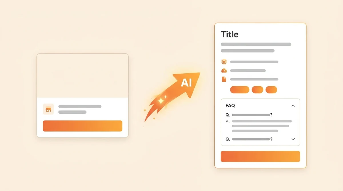 Before and after: a thin product description transformed by AI into structured copy with specs and an FAQ