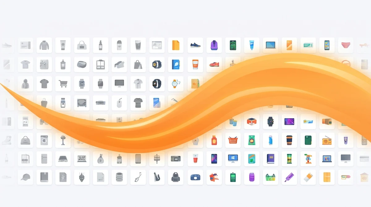 AI optimization wave passing over a full catalog of product thumbnails, turning them from grey to colored