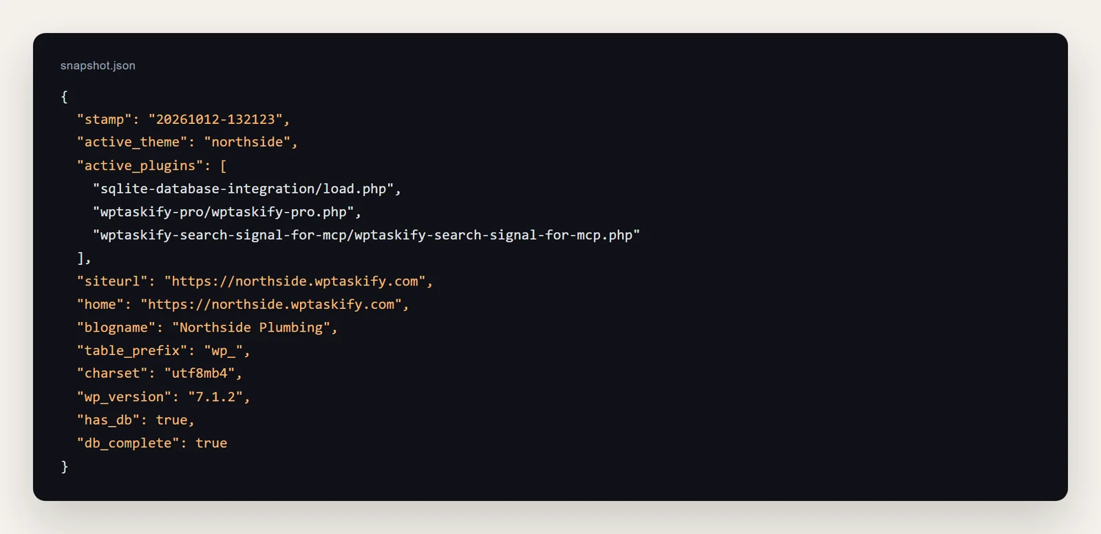 snapshot.json from a real backup showing the active theme, active plugins, site URL and WordPress version