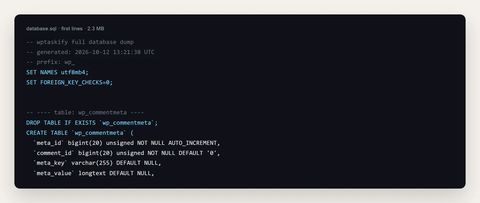 First lines of a real WordPress database.sql dump with the header and a CREATE TABLE statement