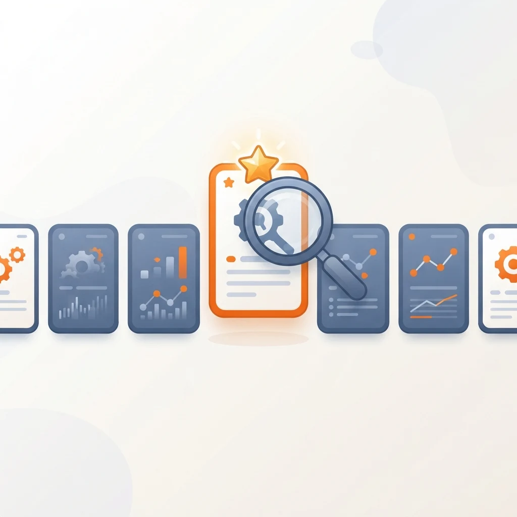 Several AI SEO tool cards compared, with the best pick highlighted and examined with a magnifying glass