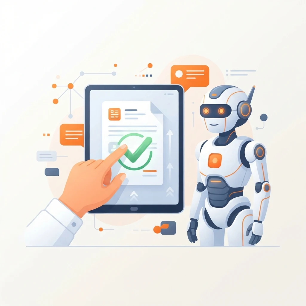 A person approving a piece of content with a green checkmark before it publishes, with an AI assistant beside them