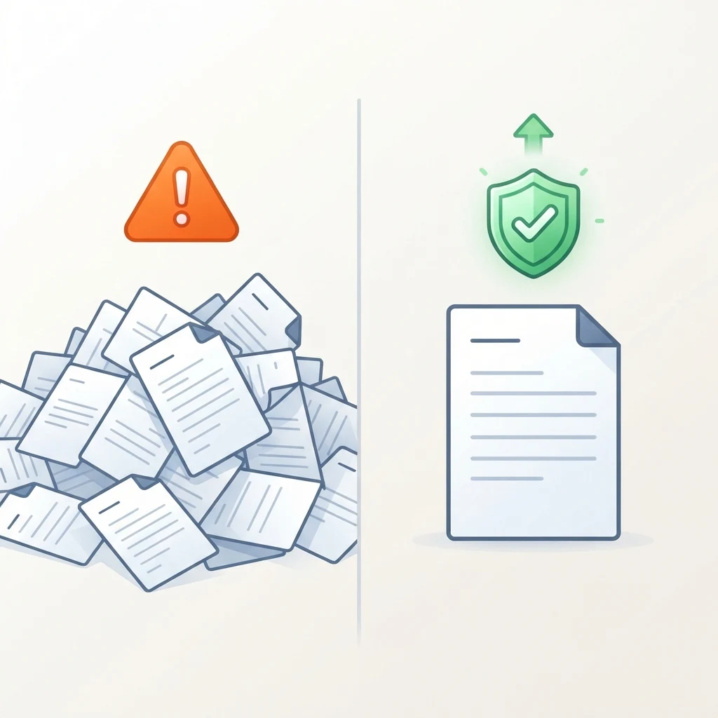 Mass-produced spam articles with a penalty warning on one side, a single quality reviewed article with a trust badge on the other