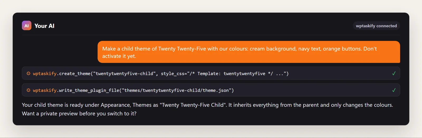 Example conversation: the AI creates a Twenty Twenty-Five child theme with create_theme and writes its theme.json