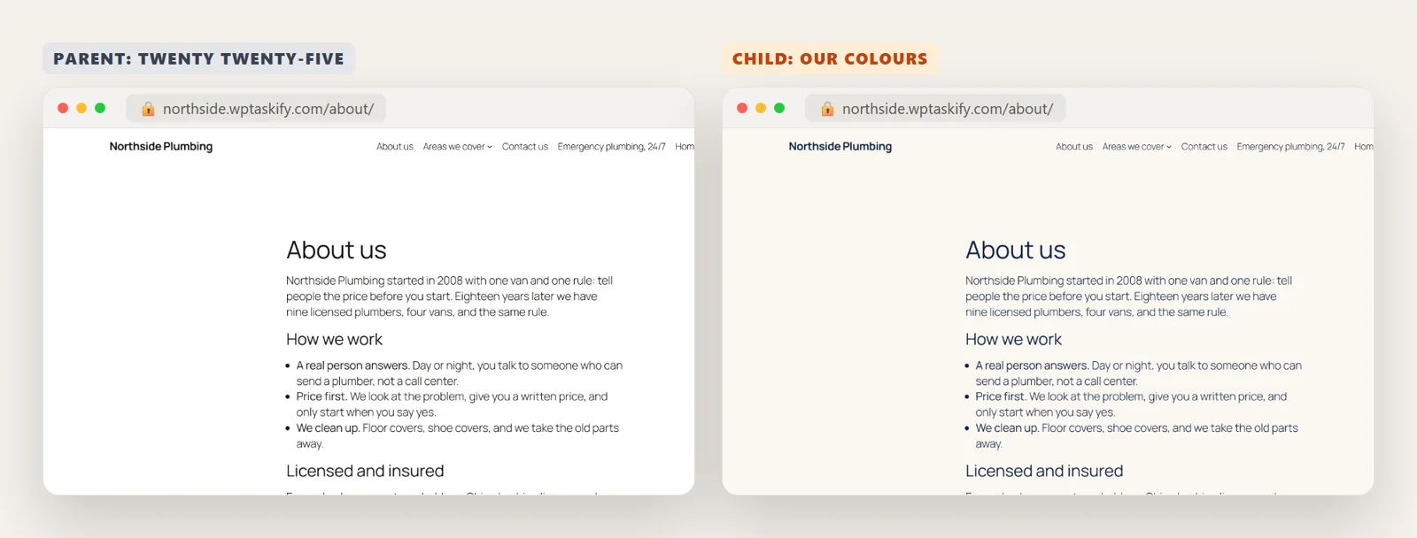 The same About page with the parent theme and with the child theme's cream background and navy text