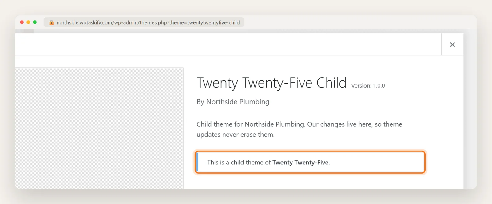 WordPress theme details for Twenty Twenty-Five Child showing This is a child theme of Twenty Twenty-Five