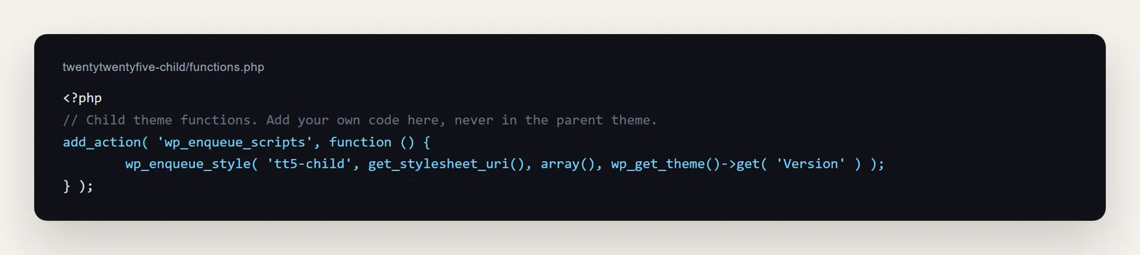 A real child theme functions.php that enqueues the child stylesheet