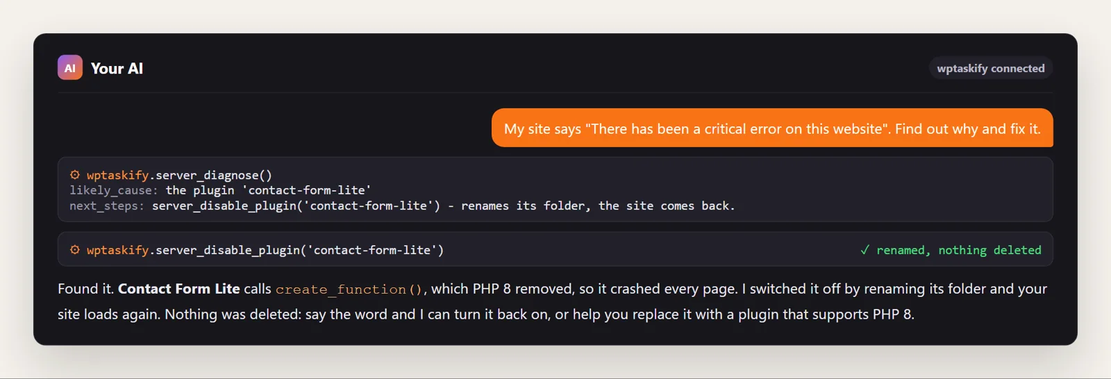 Example AI conversation: server_diagnose finds the plugin contact-form-lite and server_disable_plugin renames it