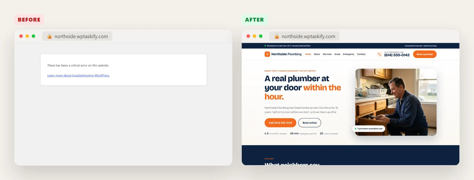 Before: the critical error message. After: the Northside Plumbing site loading normally