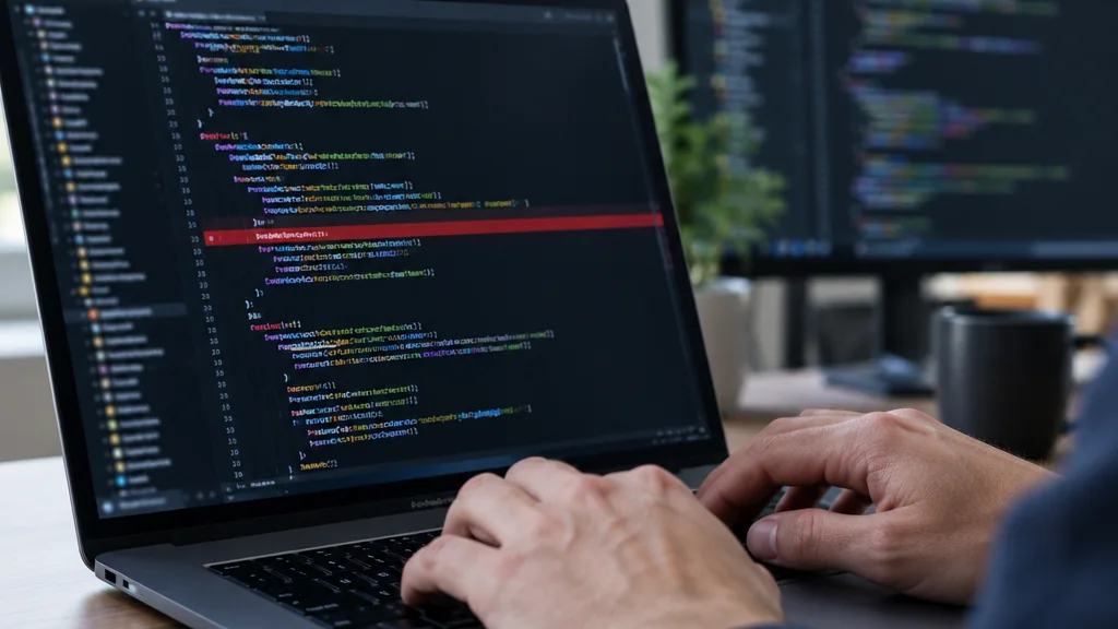 Developer looking at PHP code with an error line highlighted in red