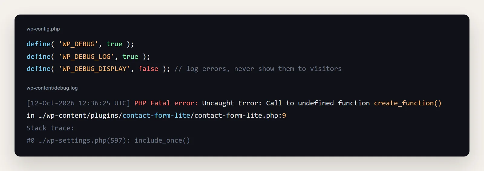 wp-config.php debug settings and the debug.log fatal error line naming the contact-form-lite plugin