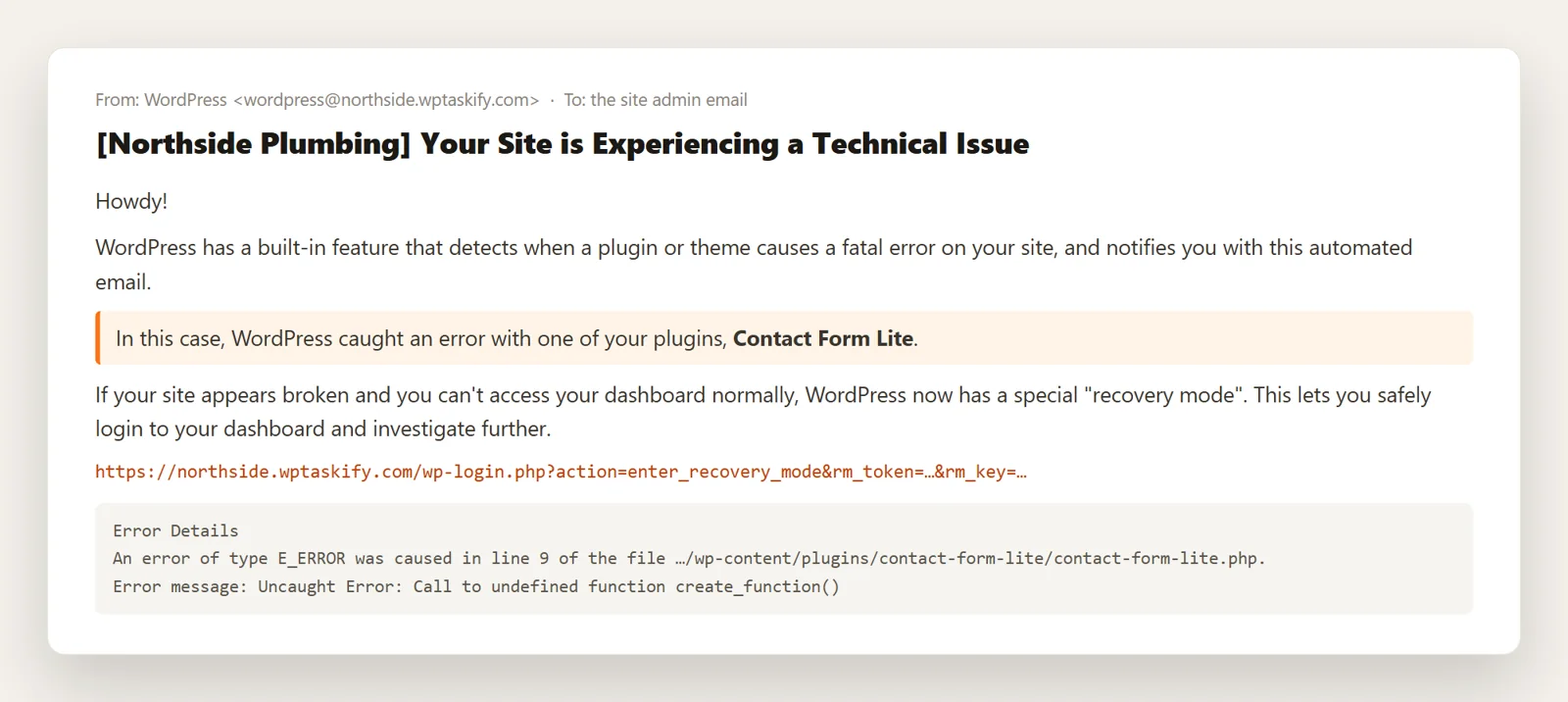 WordPress recovery email: Your Site is Experiencing a Technical Issue, naming the plugin Contact Form Lite