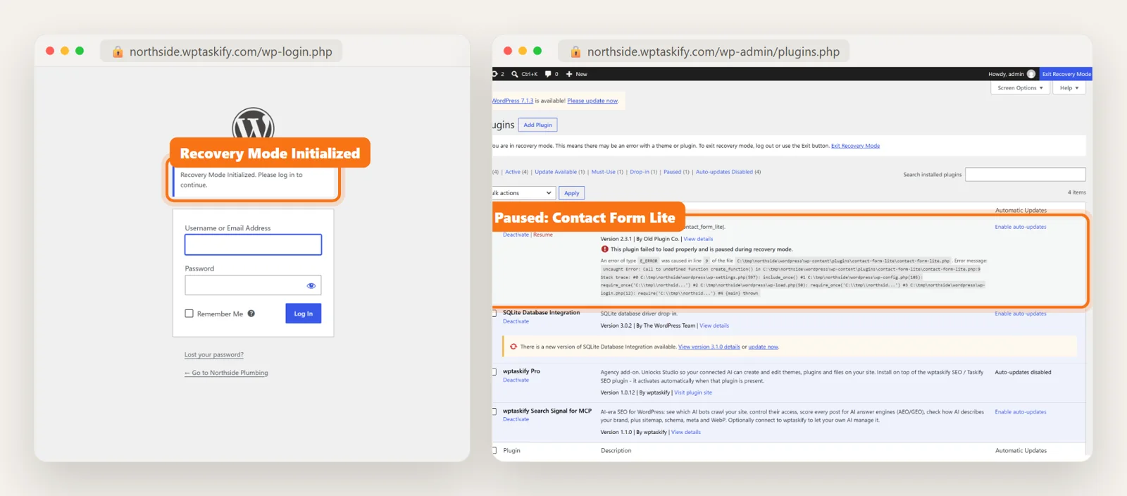 WordPress recovery mode login and the Plugins screen showing Contact Form Lite paused with its error