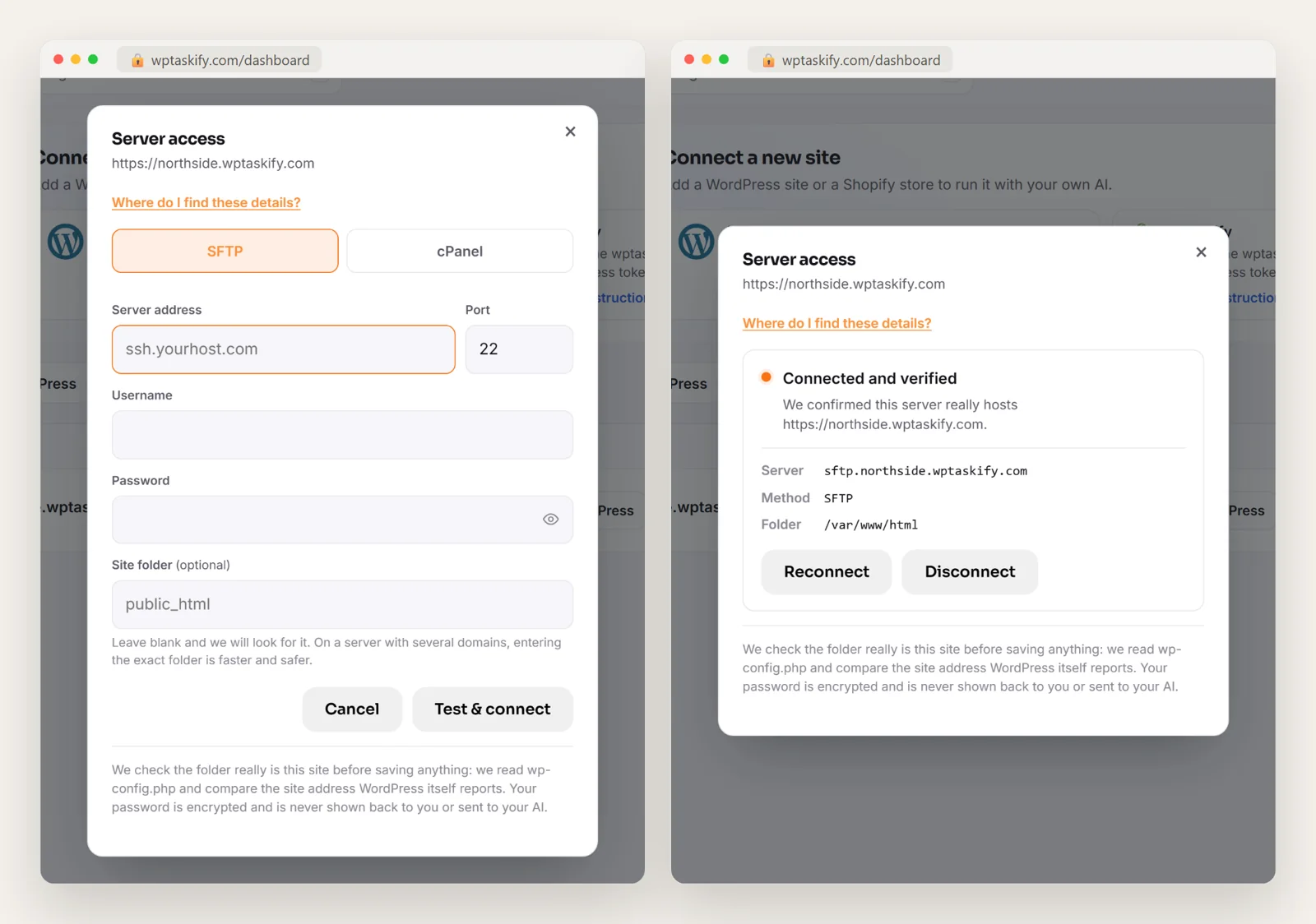 wptaskify dashboard Server access form with SFTP and cPanel options, and the connected and verified state