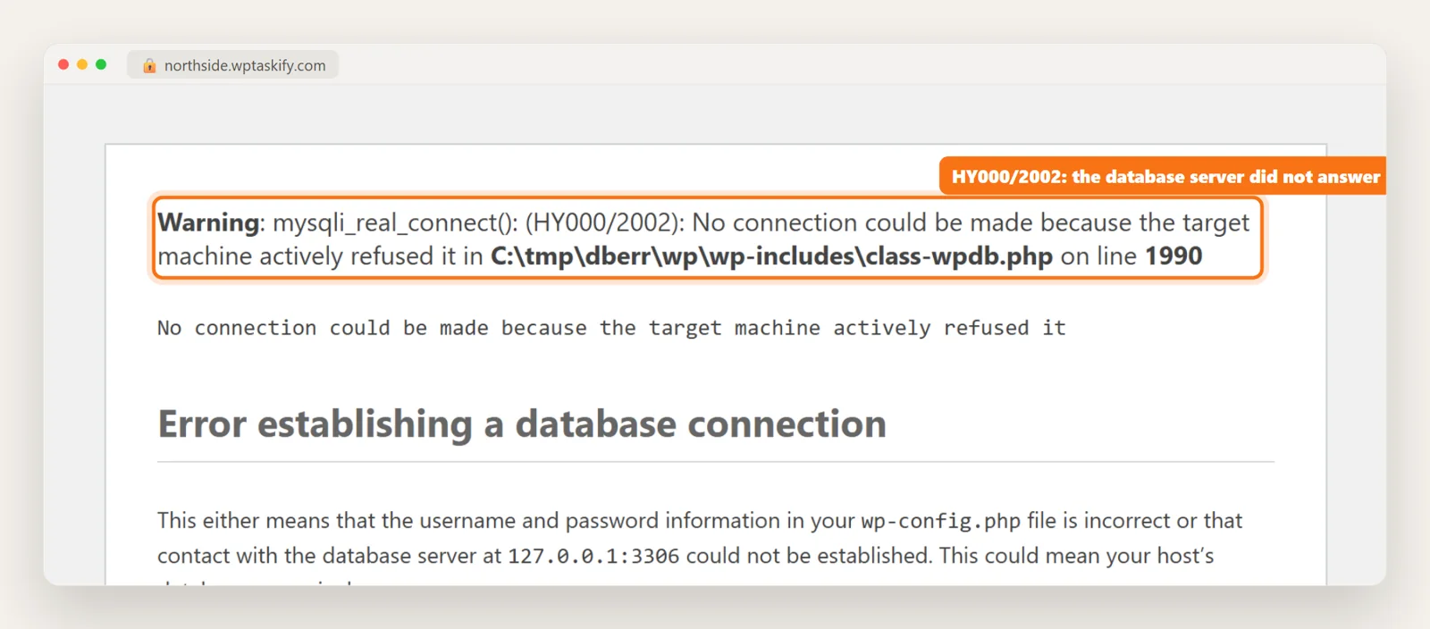WordPress debug output: mysqli_real_connect HY000/2002 no connection could be made because the target machine actively refused it