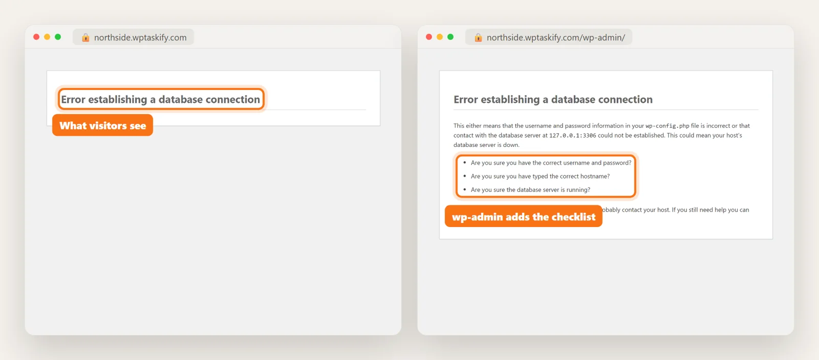 Side by side: the front page shows one line while wp-admin shows the checklist and the database host