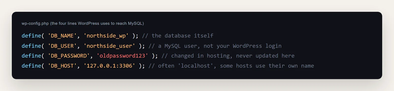 The four wp-config.php lines DB_NAME, DB_USER, DB_PASSWORD and DB_HOST, with the password highlighted