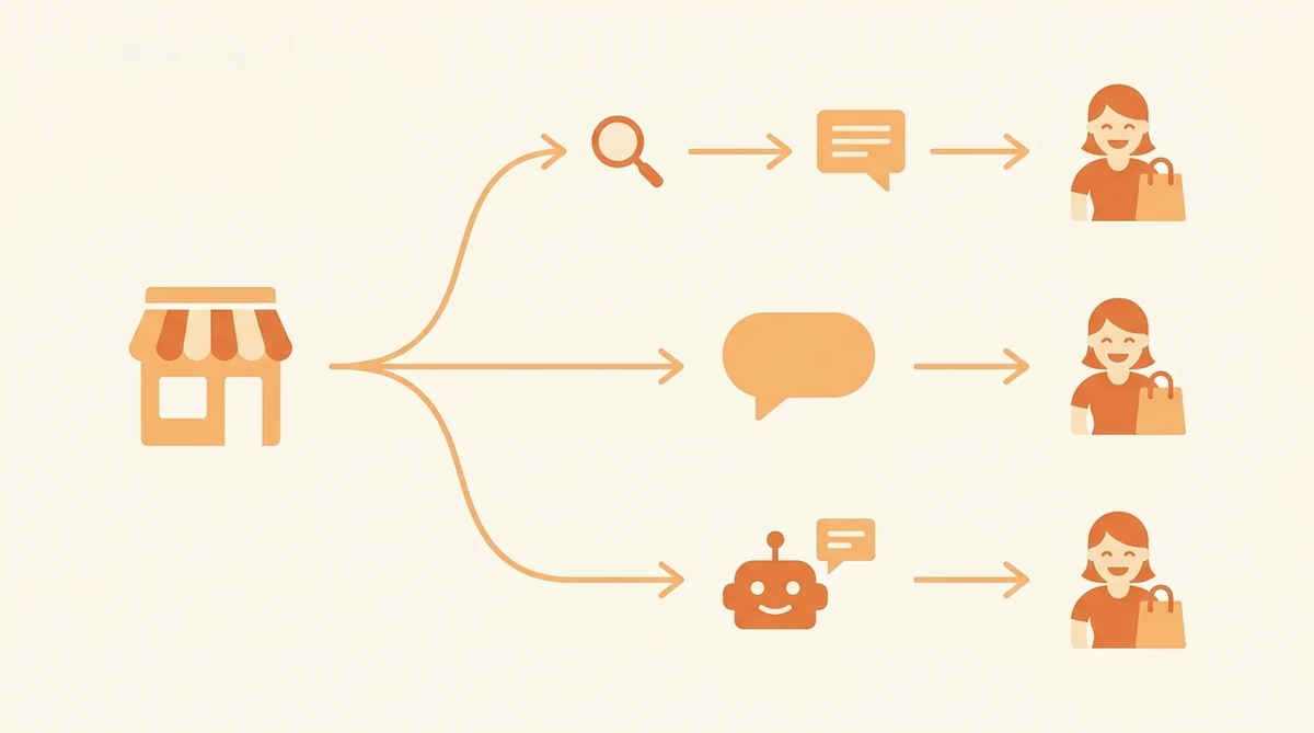 A store owner's decision path branching into traditional search, answer engines and generative AI