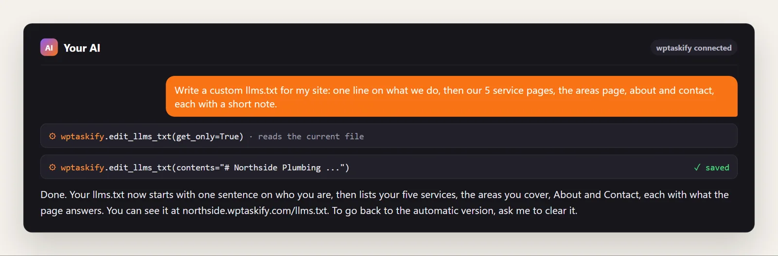 Example conversation: the AI reads the current llms.txt and saves a custom one with edit_llms_txt