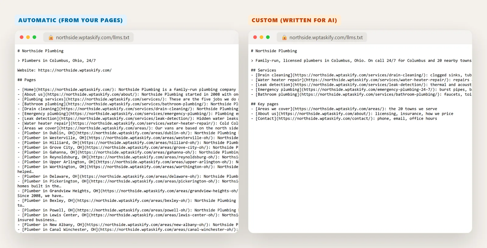 Automatic llms.txt listing every page next to a short custom llms.txt with services and key pages