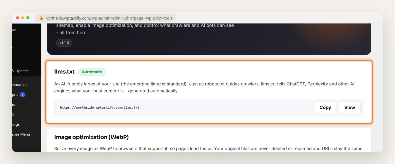 wptaskify plugin Tools screen showing the llms.txt card marked Automatic with Copy and View buttons