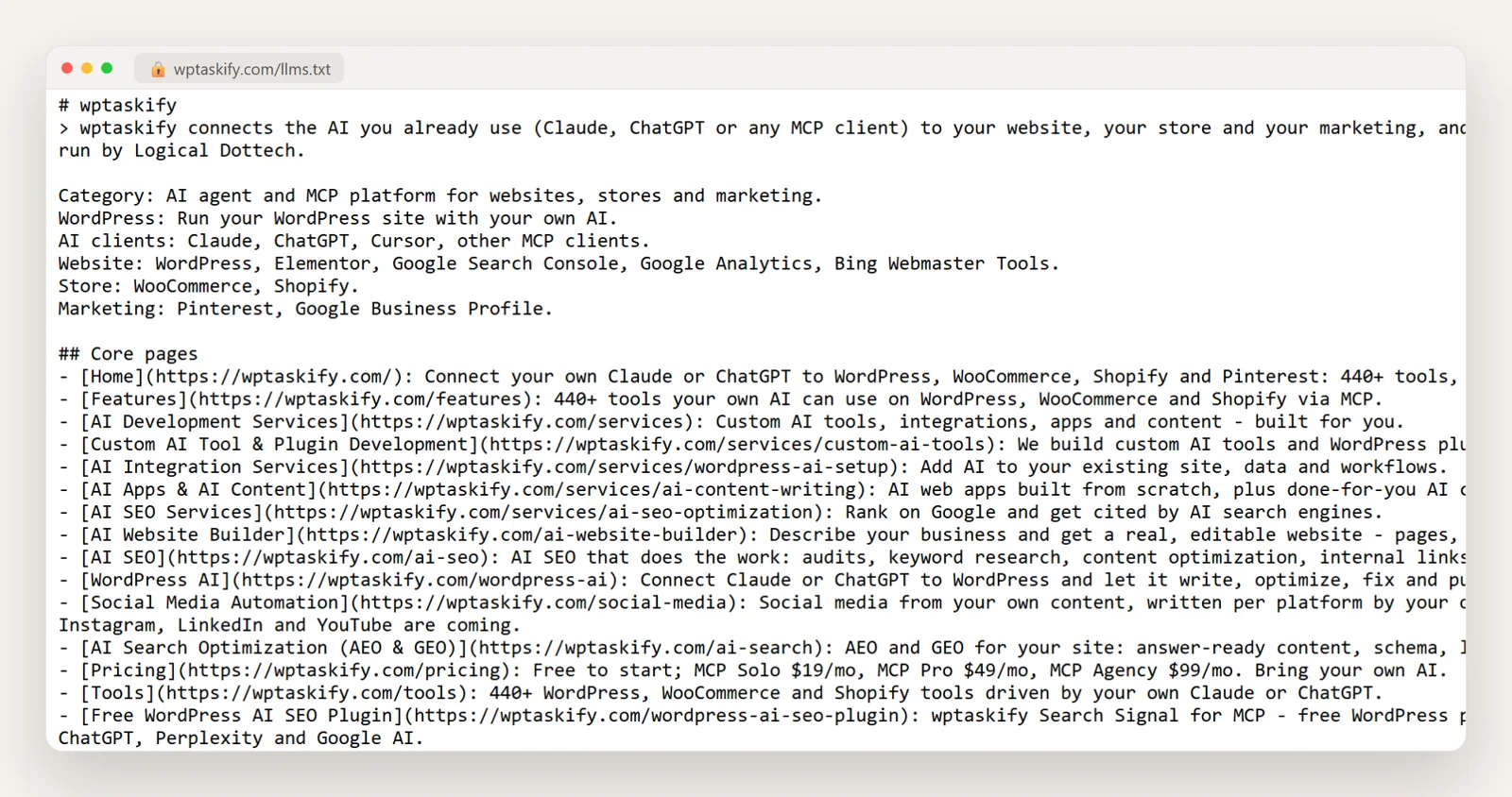 The real llms.txt file of wptaskify.com showing a summary, facts and a list of core pages