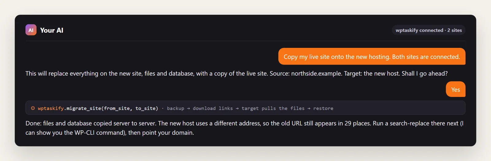 Example conversation: the AI confirms source and target, then runs migrate_site and reminds the user to replace the old URL
