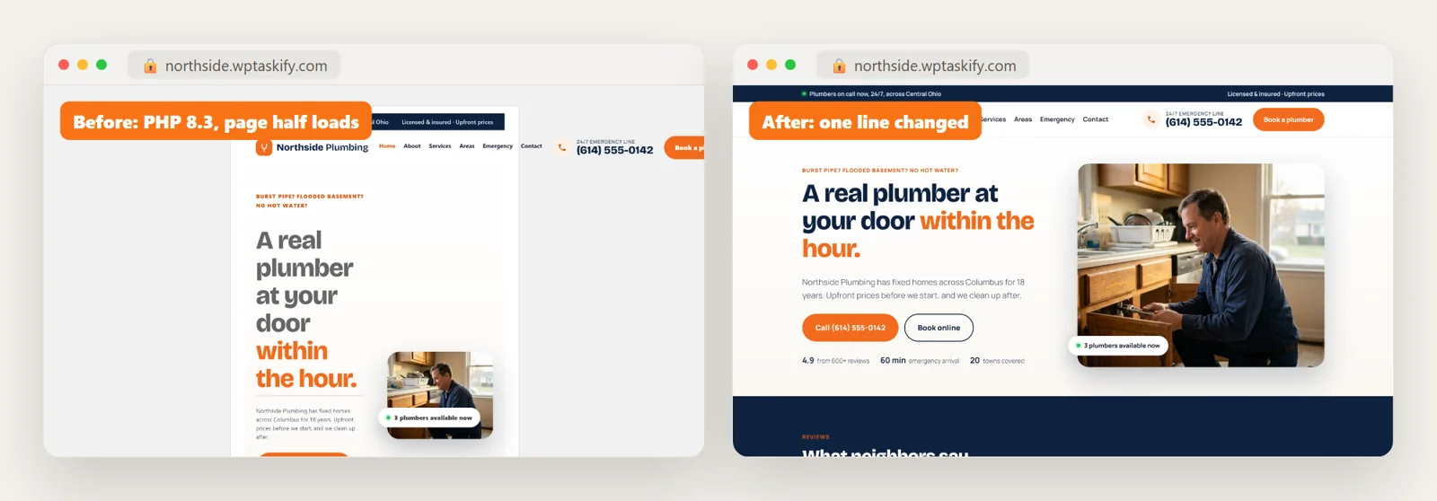 Left: the demo site on PHP 8.3 with a squeezed layout. Right: the same page after the one-line fix