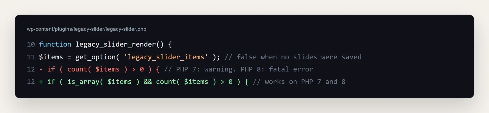 Plugin code: line 12 changed from count( $items ) to is_array( $items ) && count( $items )