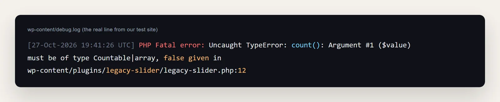 debug.log line: PHP Fatal error Uncaught TypeError count() must be of type Countable|array, false given in legacy-slider.php line 12