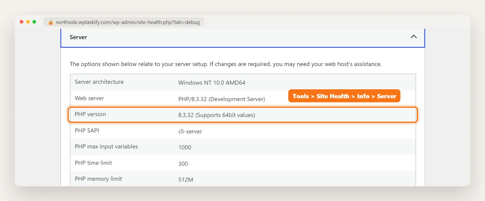 WordPress Site Health Info Server panel showing PHP version 8.3.32