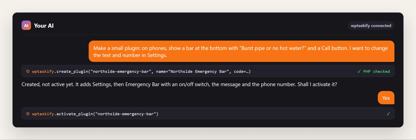Example conversation: the AI creates the emergency bar plugin with create_plugin and activates it after the user agrees