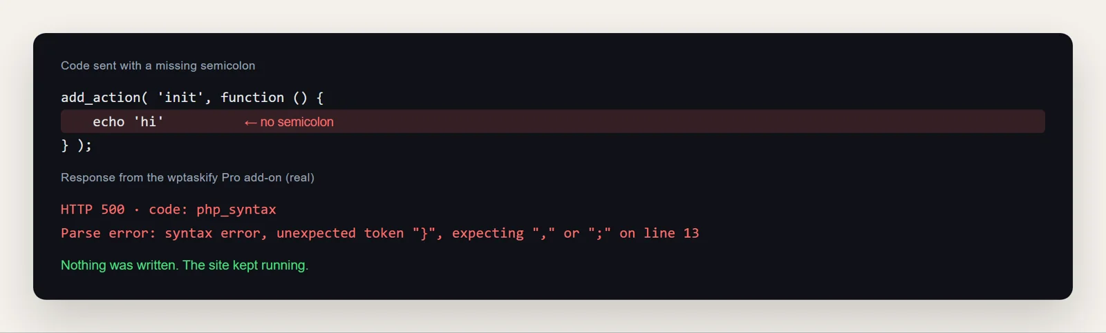 Code with a missing semicolon and the wptaskify Pro add-on refusing it with php_syntax parse error on line 13
