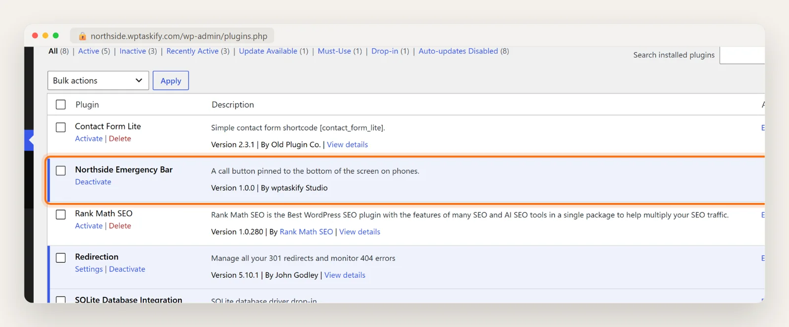 WordPress plugins list showing Northside Emergency Bar with its description and version 1.0.0
