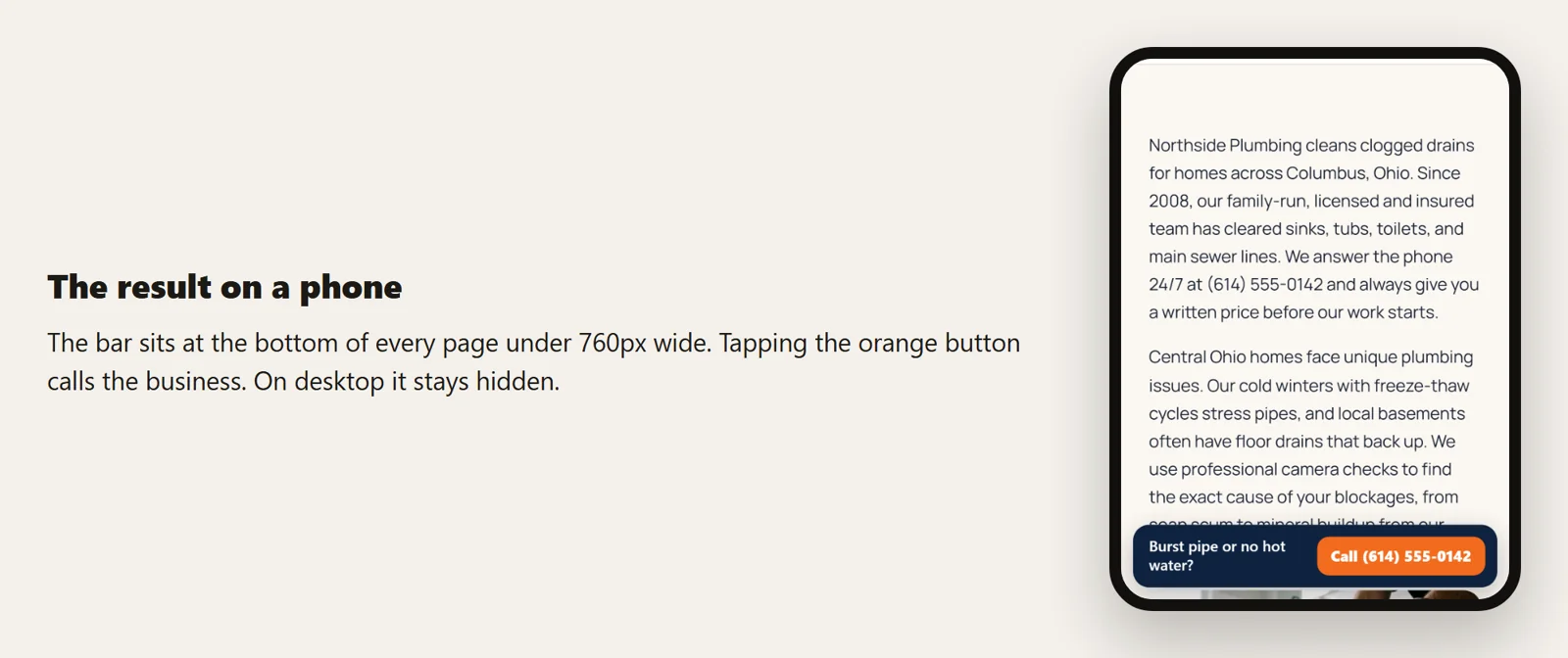 A WordPress site on a phone with a navy bar at the bottom reading Burst pipe or no hot water and an orange Call button