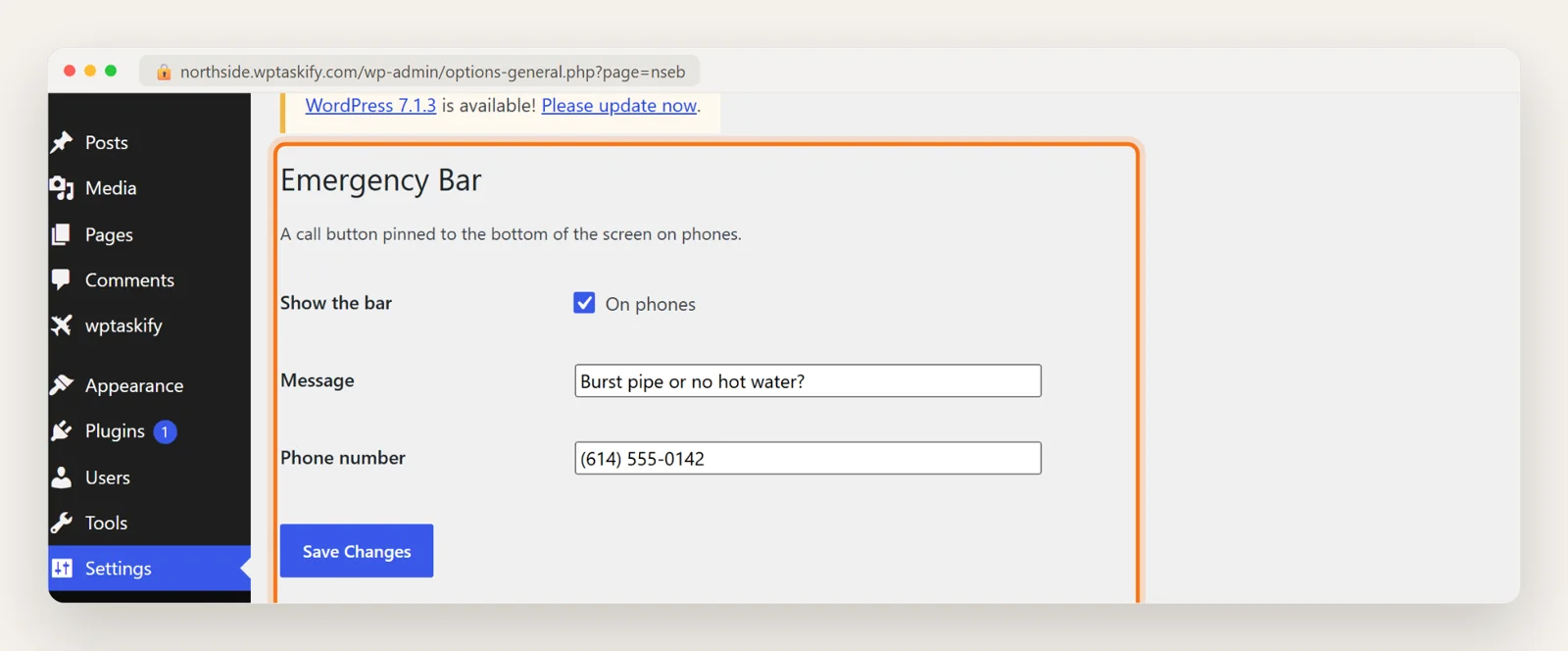 Emergency Bar settings page in WordPress with Show the bar on phones, Message and Phone number fields