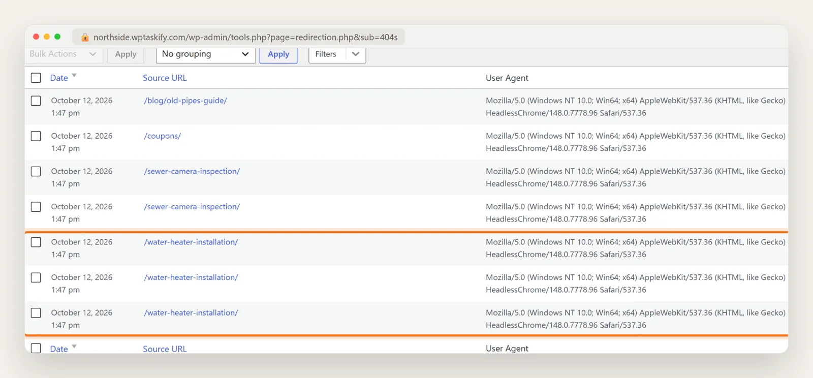 Redirection 404 log listing missed URLs with /water-heater-installation/ appearing three times