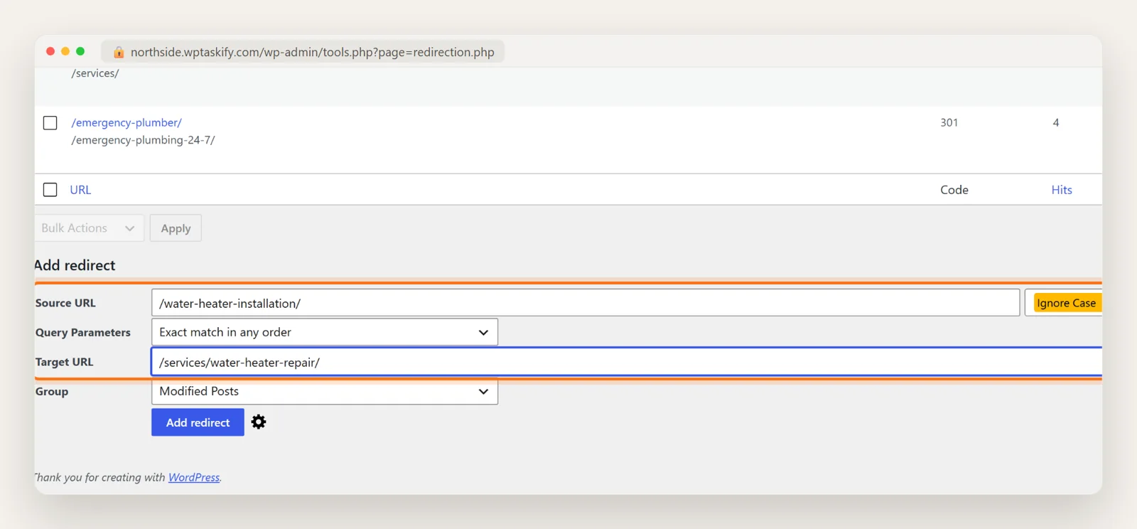 Redirection plugin Add redirect form with Source URL /water-heater-installation/ and Target URL /services/water-heater-repair/