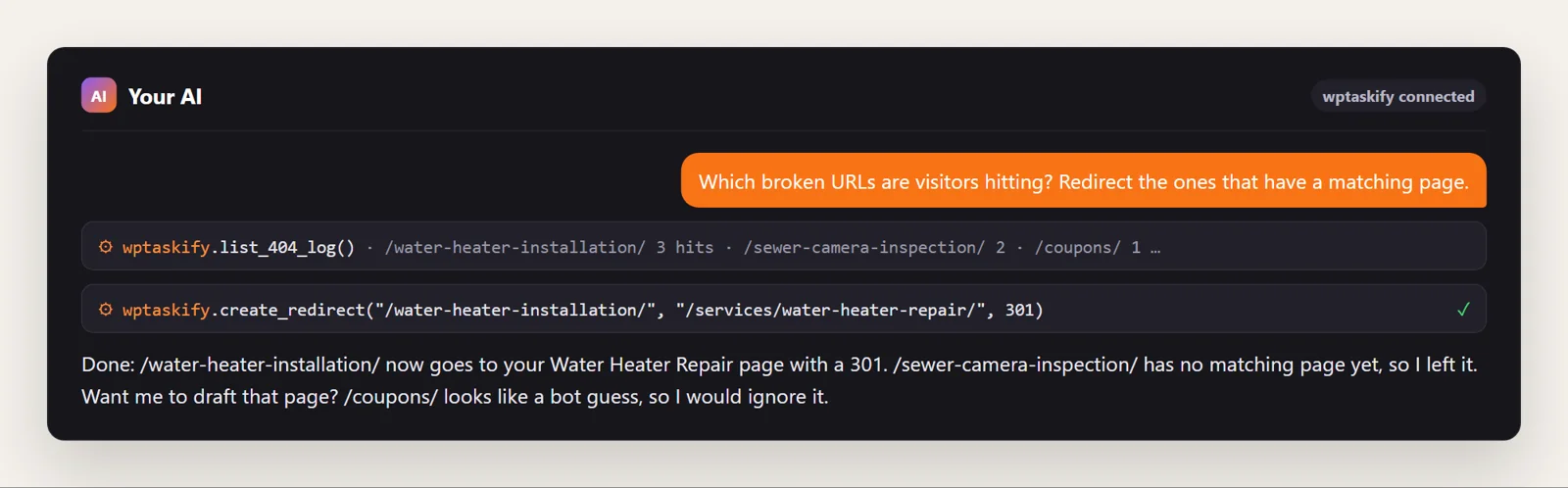 Example conversation: the AI reads the 404 log and creates a 301 redirect for the URL that has a matching page