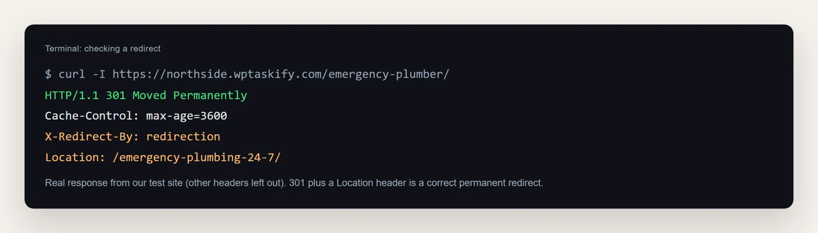 curl -I output showing HTTP/1.1 301 Moved Permanently, X-Redirect-By: redirection and Location: /emergency-plumbing-24-7/