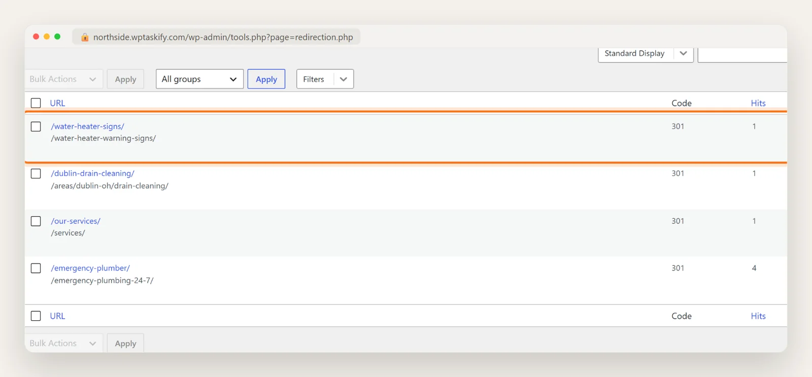 Redirection plugin list of four 301 redirects on the test site with hit counts and last access dates