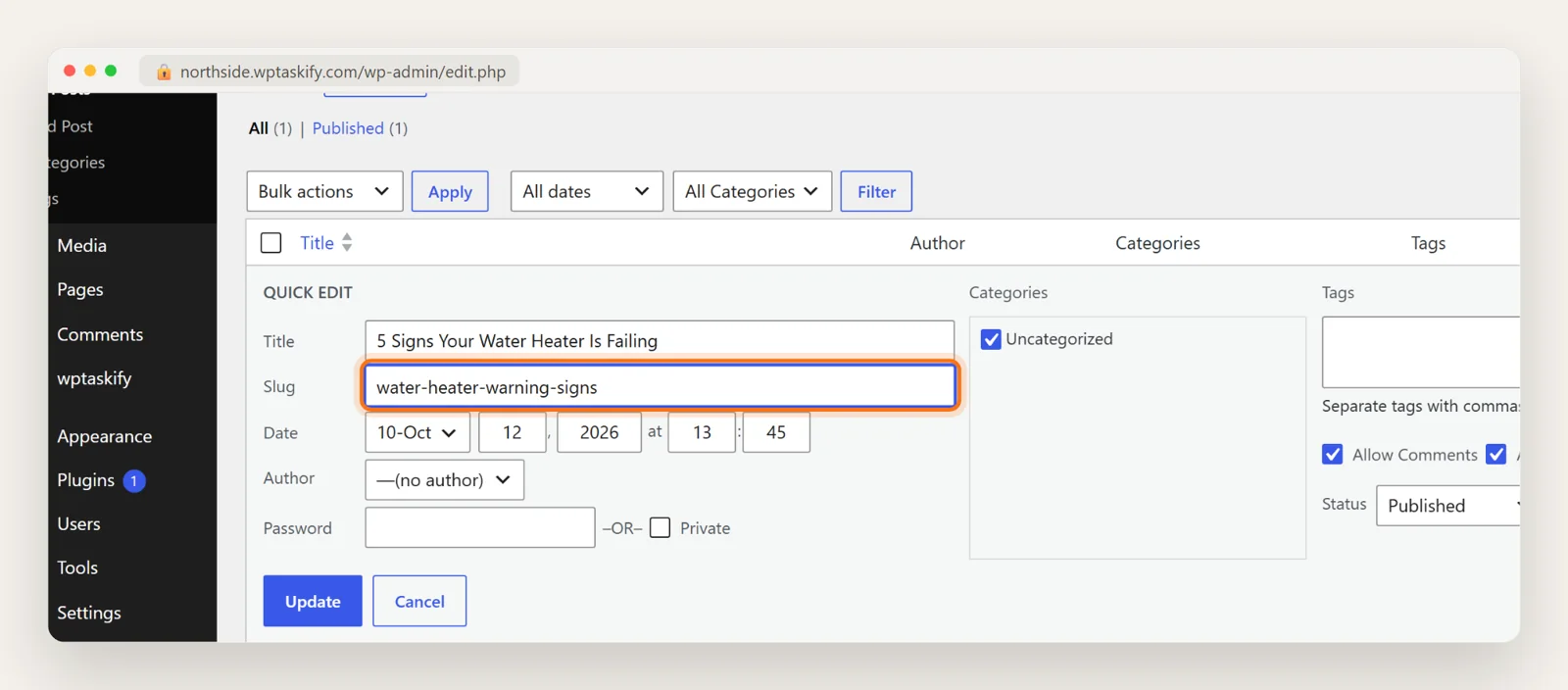 WordPress Quick Edit with the slug changed to water-heater-warning-signs