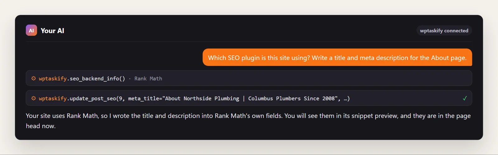 Example conversation: the AI detects Rank Math with seo_backend_info and writes the About page title with update_post_seo