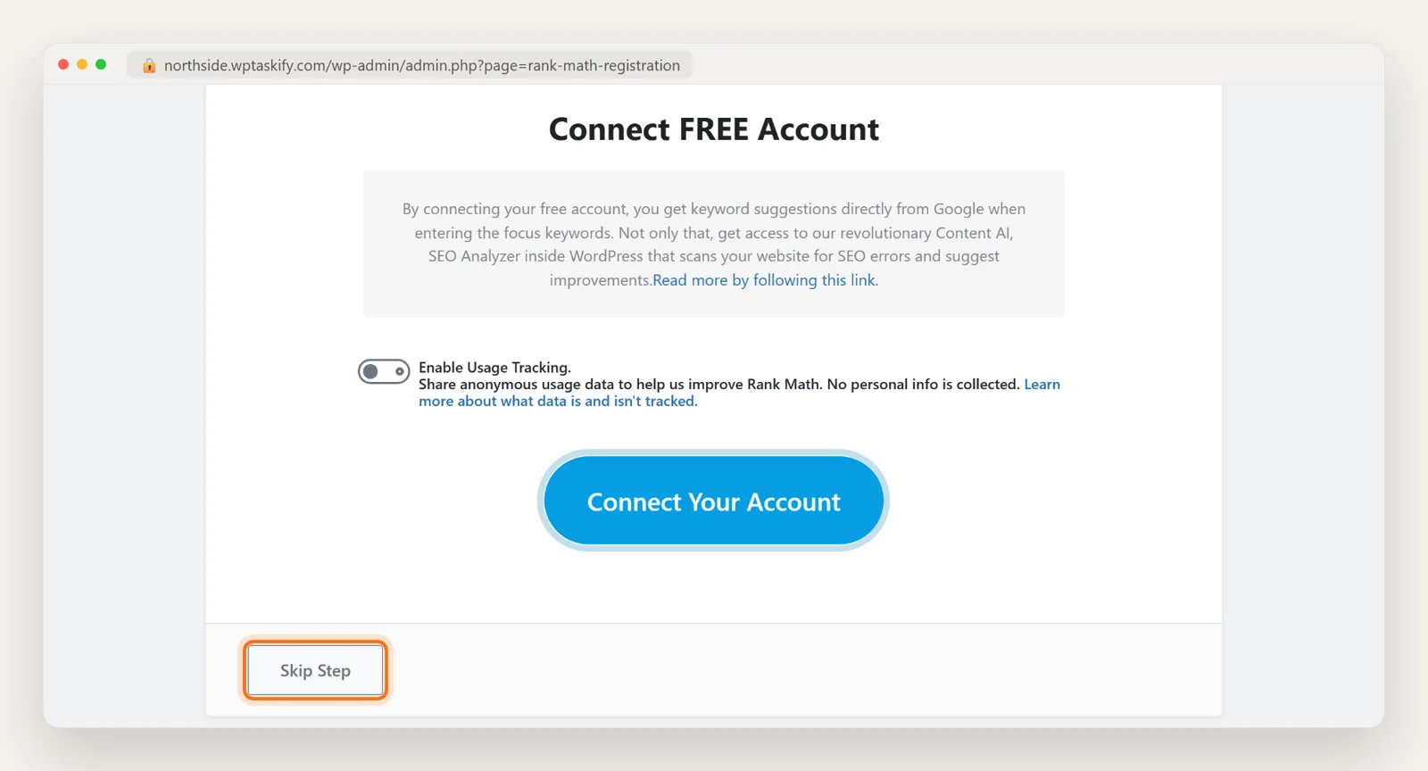 Rank Math Connect FREE Account screen with Connect Your Account and Skip Step buttons