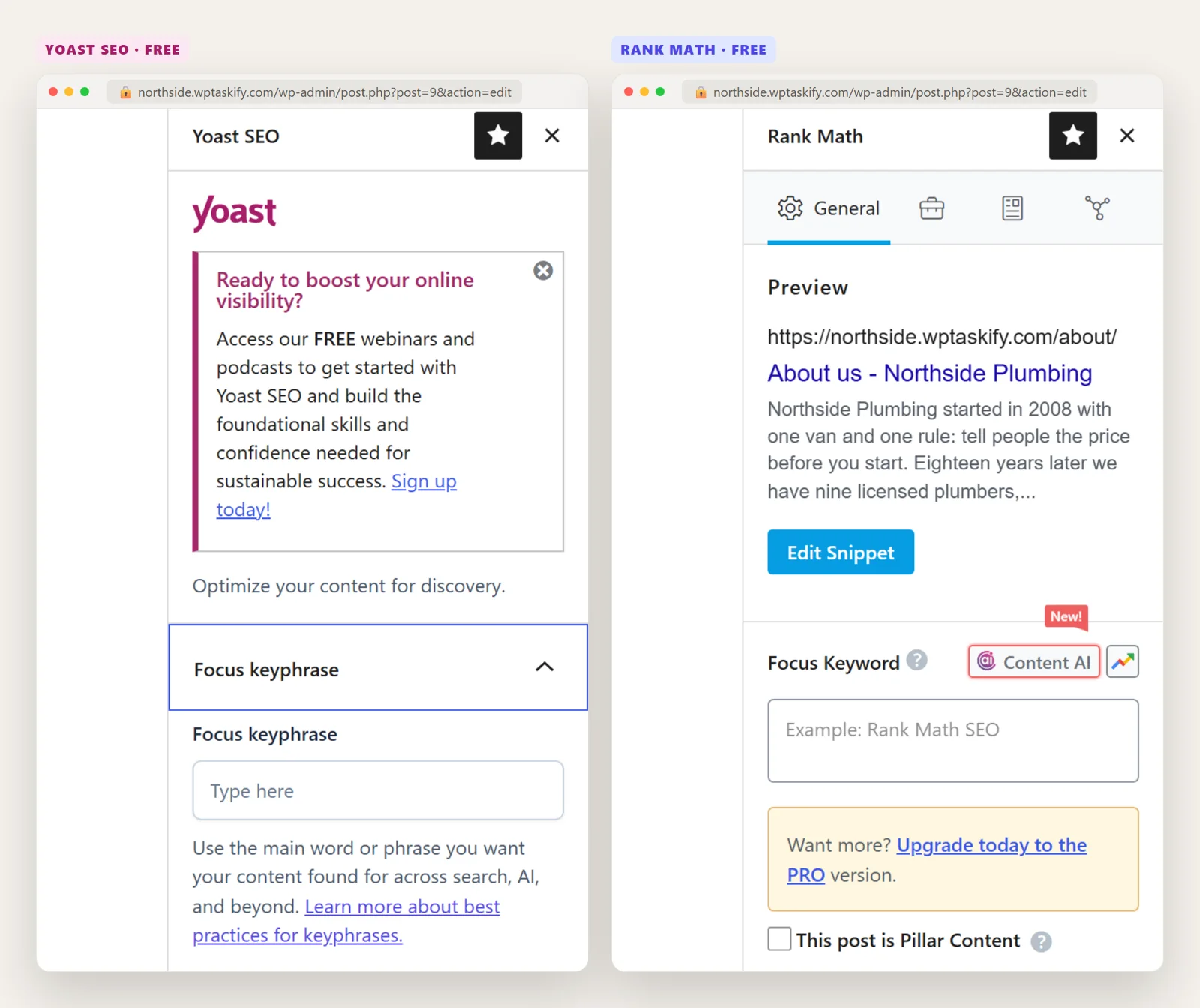 Yoast SEO and Rank Math sidebars in the WordPress block editor on the same About page