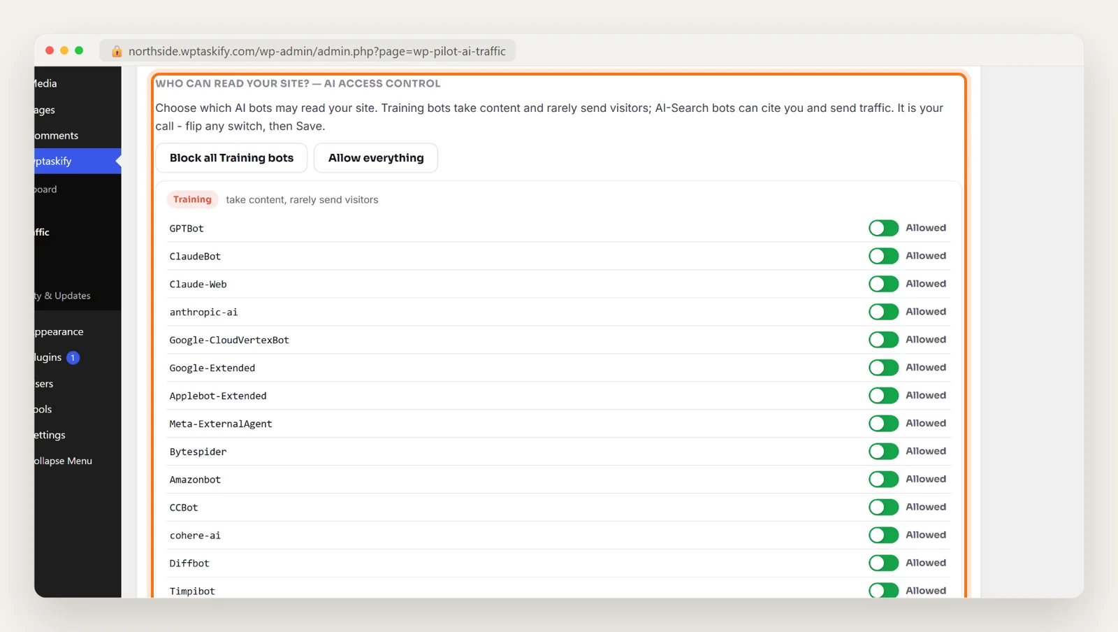 wptaskify plugin AI Access Control with switches for training bots such as GPTBot, ClaudeBot and CCBot