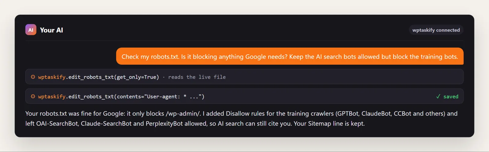 Example conversation: the AI reads robots.txt, keeps AI search bots allowed and blocks training crawlers with edit_robots_txt