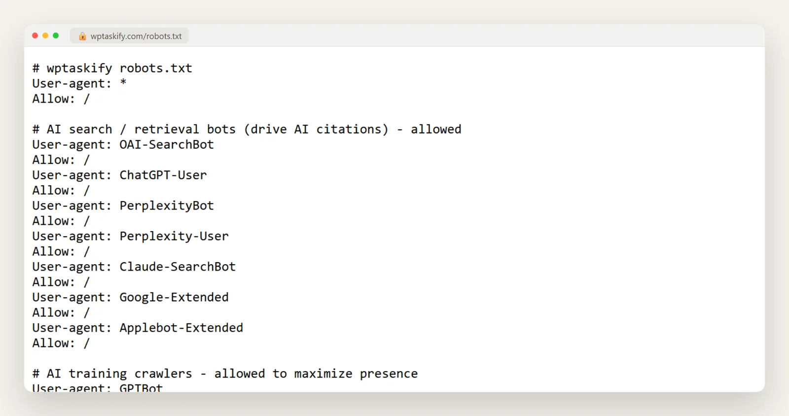 The real robots.txt of wptaskify.com allowing AI search bots and AI training crawlers, grouped with comments