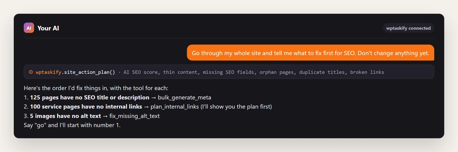 Example conversation: the AI runs site_action_plan and lists what to fix first with the tool for each