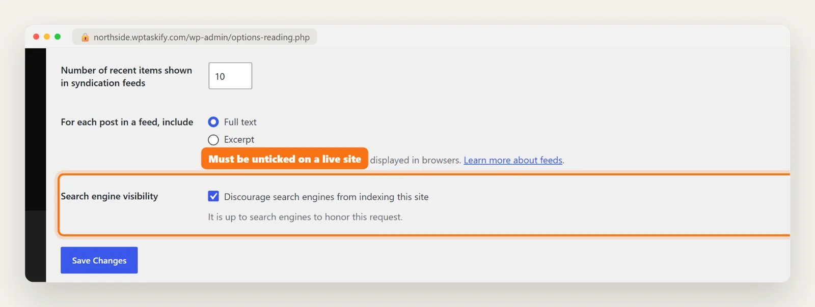 WordPress Reading settings with the Discourage search engines from indexing this site checkbox highlighted